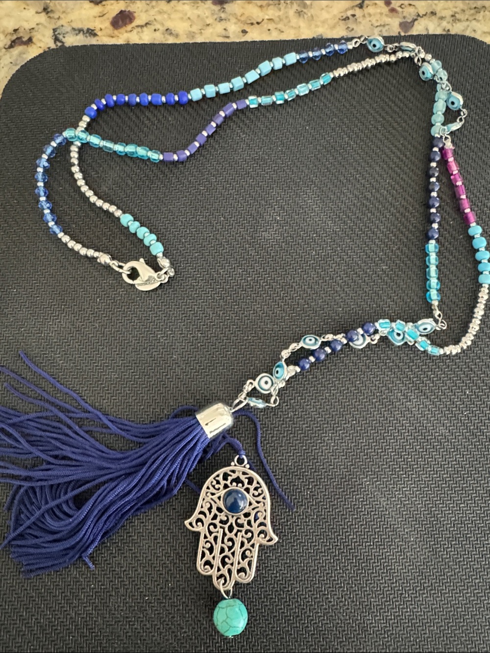 Cache Blue & Turquoise Beaded Hamsa Necklace with Navy Tassel